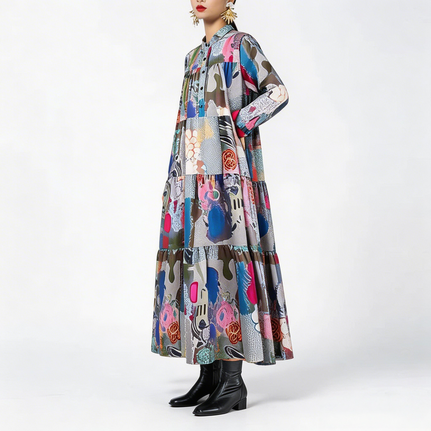 【ワンピース】春 秋 冬 プリント ルーズ ミディ丈 ワンピース 【SHシリーズ】