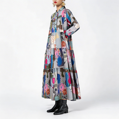 【ワンピース】春 秋 冬 プリント ルーズ ミディ丈 ワンピース 【SHシリーズ】