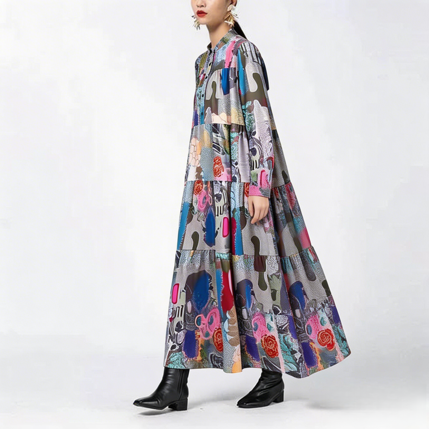 【ワンピース】春 秋 冬 プリント ルーズ ミディ丈 ワンピース 【SHシリーズ】