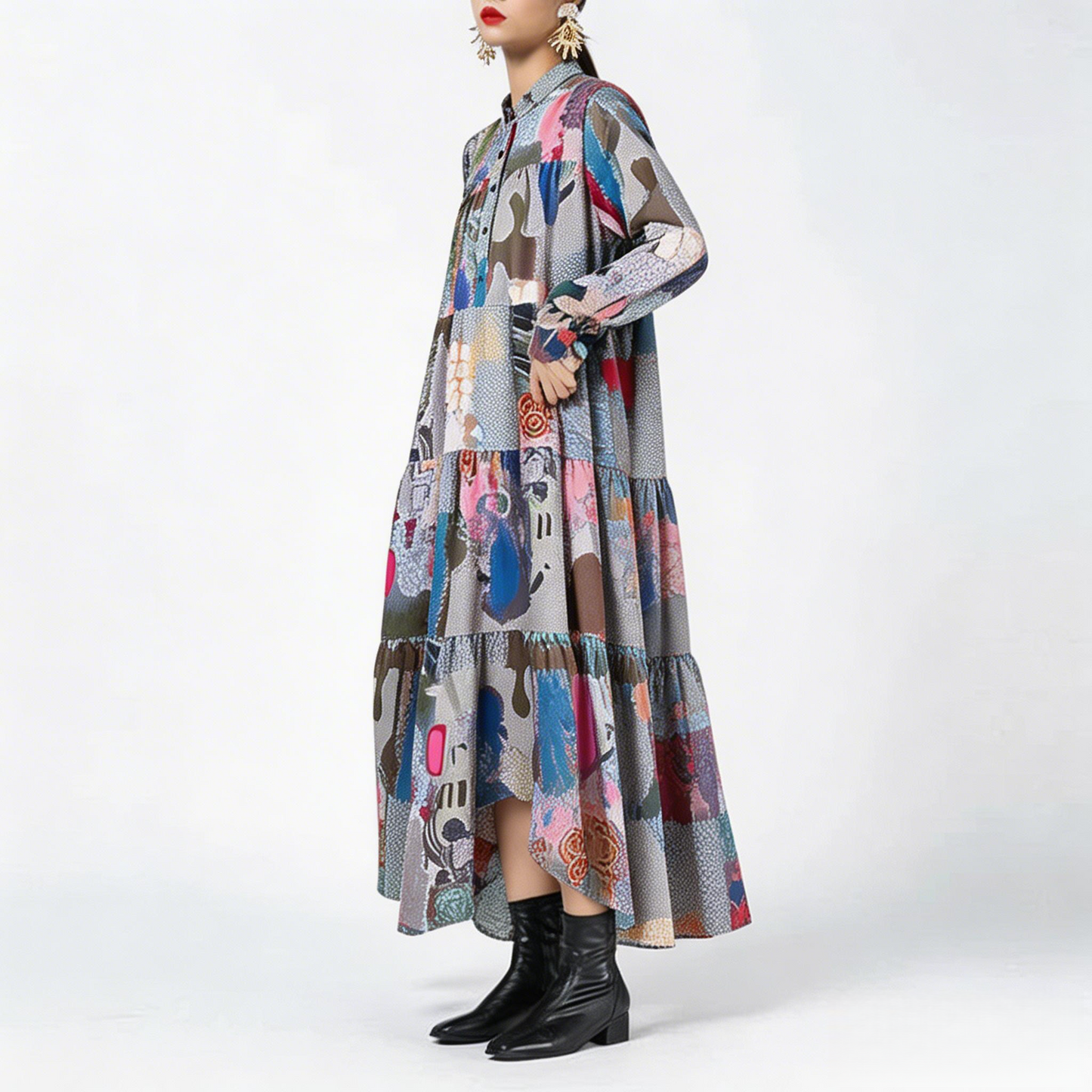 【ワンピース】春 秋 冬 プリント ルーズ ミディ丈 ワンピース 【SHシリーズ】