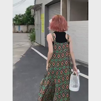 【ボトムス】夏新作 文芸ムードたっぷり 菱形チェック柄 オーバーサイズサロペットスカンツ オールインワン【SHシリーズ】