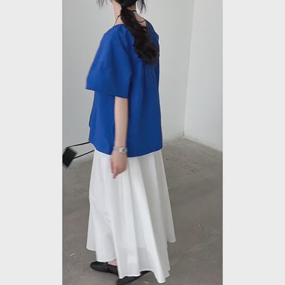 【トップス】韓国風 夏新作 ギャザー×バックオープン デザイン感ラウンドネック半袖ブラウス【SNシリーズ】