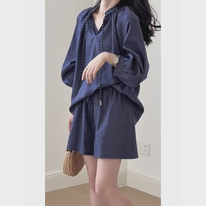 2点セット！【セットアップ】夏新作 フレンチヴィンテージ シャツ＋ワイドショートパンツ 2点上下セット【JZシリーズ】