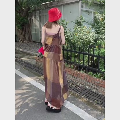 【ワンピース】夏新作 レトロ チェック柄 ゆったり カジュアル ノースリーブキャミワンピース【SHシリーズ】