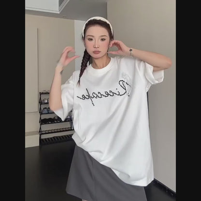 【トップス】夏  リボン ビジュー レース ルーズ 半袖 Ｔシャツ 【FCシリーズ】