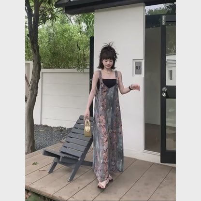 【ボトムス】夏新作 Vネック アート感 プリント ゆったりレトロワイドパンツ オールインワン【SHシリーズ】