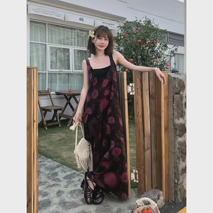 【ボトムス】夏新作 リラックス感たっぷり 山茶ローズ柄 オーバーサイズサロペット ゆった オールインワン【SHシリーズ】