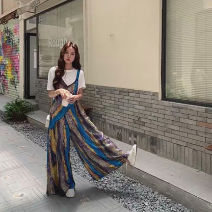 【ボトムス】夏 フレンチバカンス風 タイダイ油絵プリント オールインワン【SHシリーズ】
