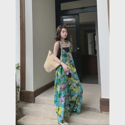 【ボトムス】夏新作 清涼感Vネック ゆったりワイドシルエット オールインワン【SHシリーズ】