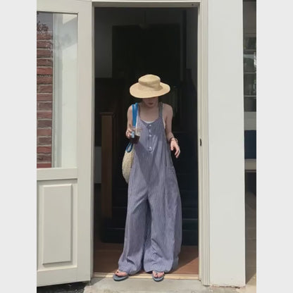 【ボトムス】夏新作 ゆるさ満点 オーバーサイズ ストライプキャミサロペット リラックスコーデ オールインワン【SHシリーズ】