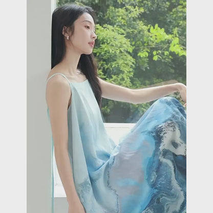 【ワンピース】上品！新中式水墨風 タイダイ柄 Aライン ノースリーブワンピース【SHシリーズ】【JZシリーズ】