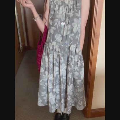 【ワンピース】夏 フロッキープリント プリント 	ヴィンテージ風 花柄 ノースリーブ ワンピース 【SHシリーズ】