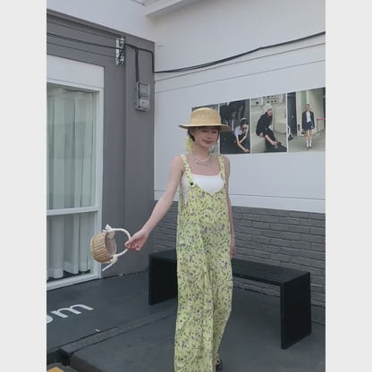 【ボトムス】夏新作 清涼感たっぷり  淡レモンカラー Vネック オーバーサイズサロペット オールインワン【SHシリーズ】