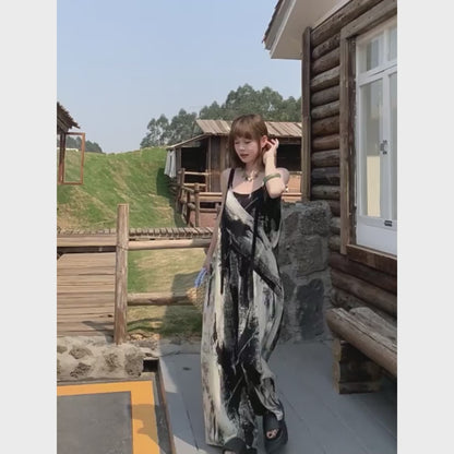 【ボトムス】夏新作 アート×ヴィンテージ 水墨画柄 ゆる感サロペット ワイドシルエット オールインワン【SHシリーズ】