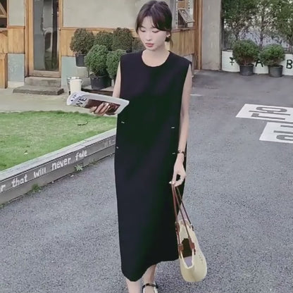 【洋裝】法式風夏季新款腰標修身後開襟成熟女人味無袖連身裙