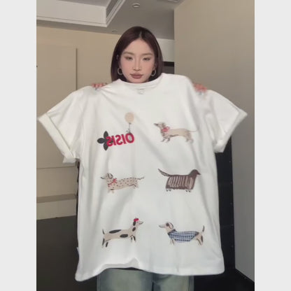 【トップス】【10～15日内発送】夏新作 個性派デザイン 綿100％ おしゃれ犬プリント 半袖Tシャツ【FCシリーズ】