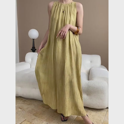 【ワンピース】リラックス感 ホリデースタイル クルーネック ギャザーデザイン ノースリーブワンピース【SNシリーズ】